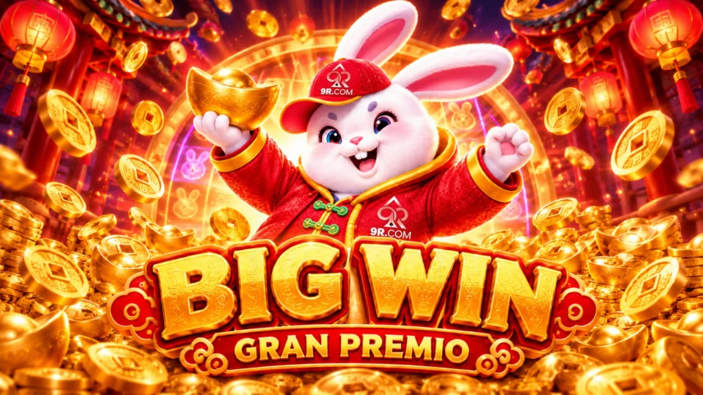 Conejo blanco vestido de rojo sosteniendo un lingote dorado, rodeado de monedas y del texto BIG WIN y GRAN PREMIO.