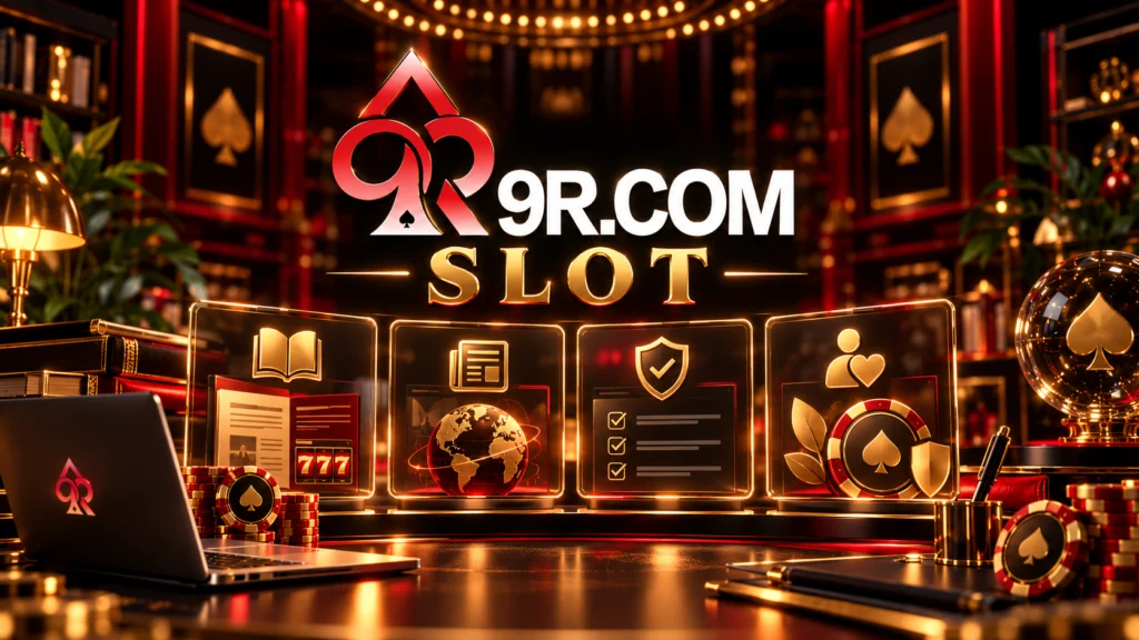 Ilustración de 9R SLOT Perú con paneles de guías, noticias, verificación de información y juego responsable, junto al logotipo 9R.COM SLOT.