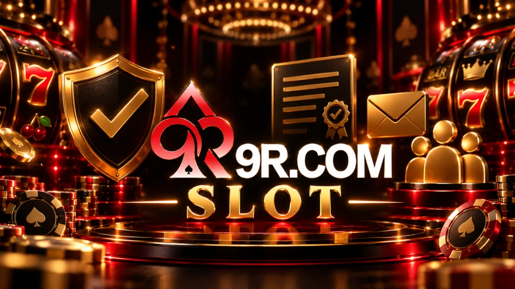 Ilustración de 9R SLOT Perú con el logotipo 9R.COM SLOT, un escudo, documentos, un sobre y símbolos de comunidad que representan transparencia y responsabilidad editorial.