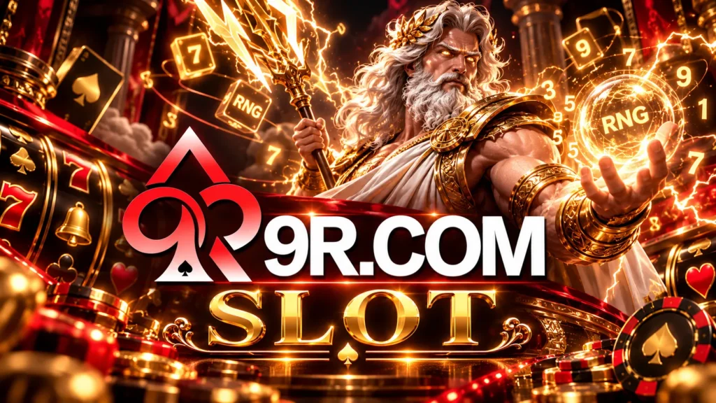 Ilustración del RNG en tragamonedas con un personaje inspirado en Zeus, números aleatorios luminosos, rodillos de slot y logotipo 9R.COM SLOT.