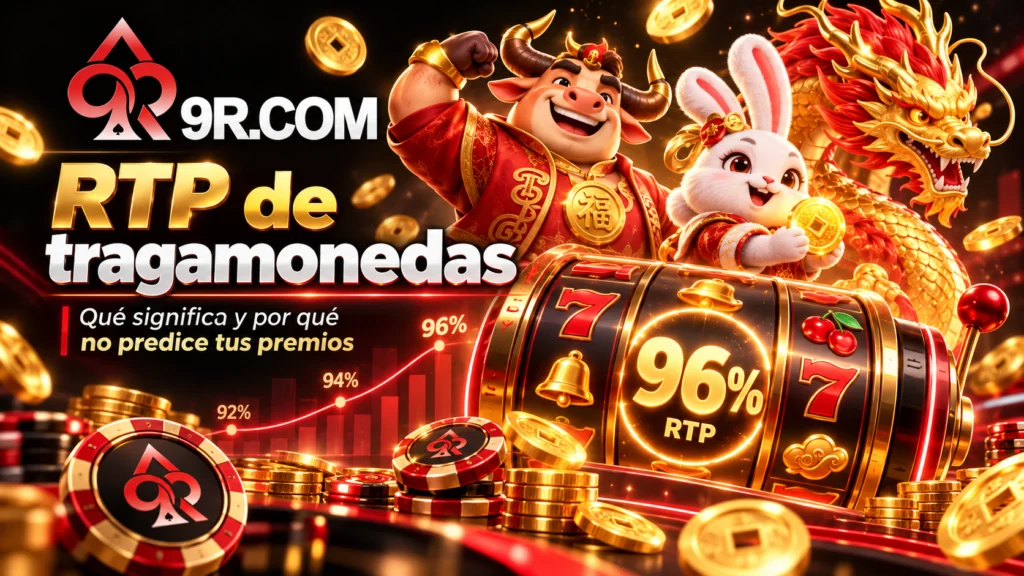 Ilustración educativa del RTP de tragamonedas con un porcentaje del 96 %, símbolos de azar y el logotipo 9R SLOT.