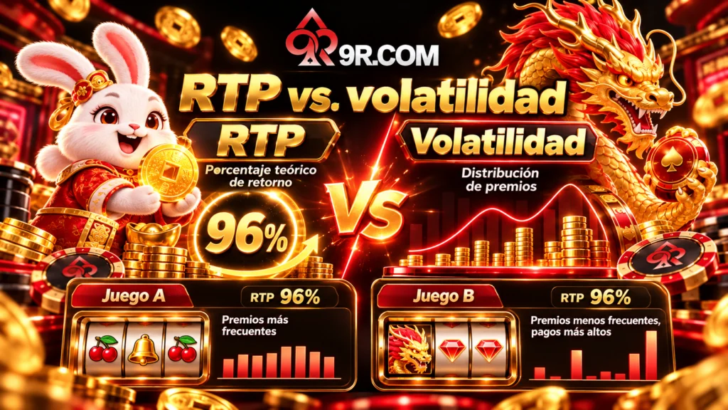 Comparación conceptual del RTP de tragamonedas y la volatilidad usando dos distribuciones ficticias de premios y la marca 9R SLOT.