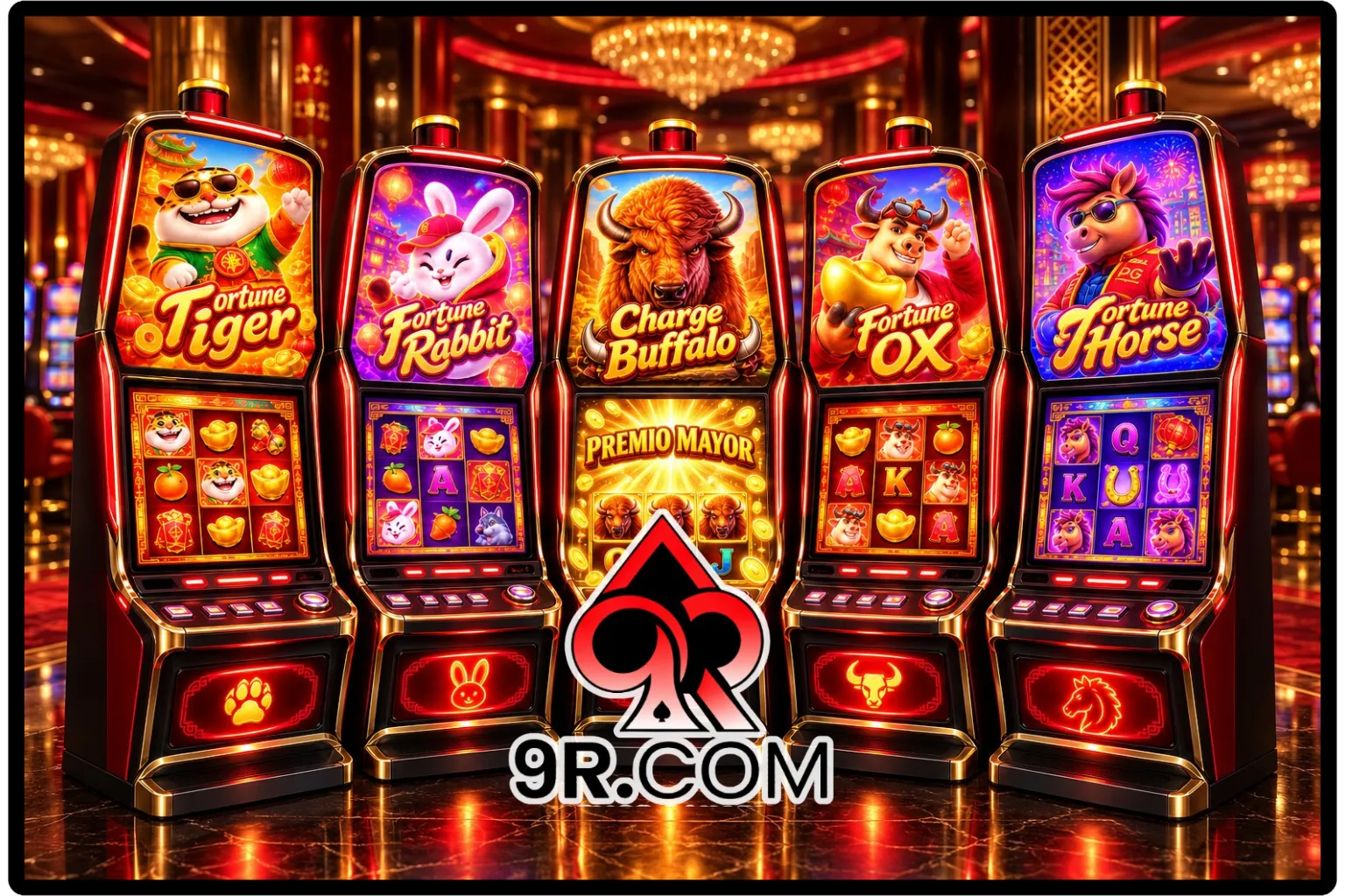 Portada de 9R SLOT Perú con cinco tragamonedas ilustradas: Fortune Tiger, Fortune Rabbit, Charge Buffalo, Fortune Ox y Fortune Horse.