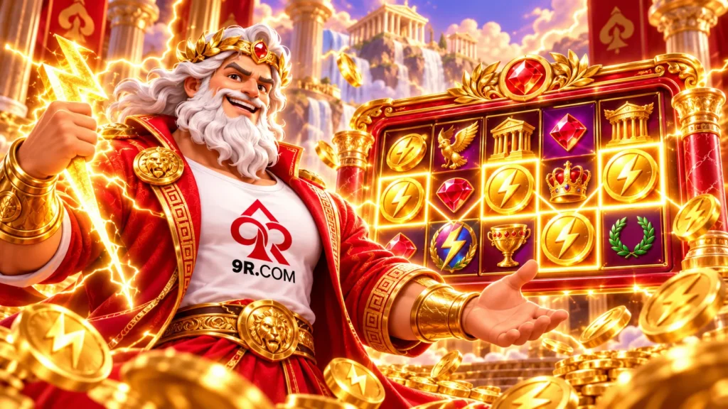 Ilustración de Zeus con camiseta blanca de 9R.COM, sosteniendo un rayo junto a una tragamonedas de estilo Olimpo con símbolos dorados y monedas.