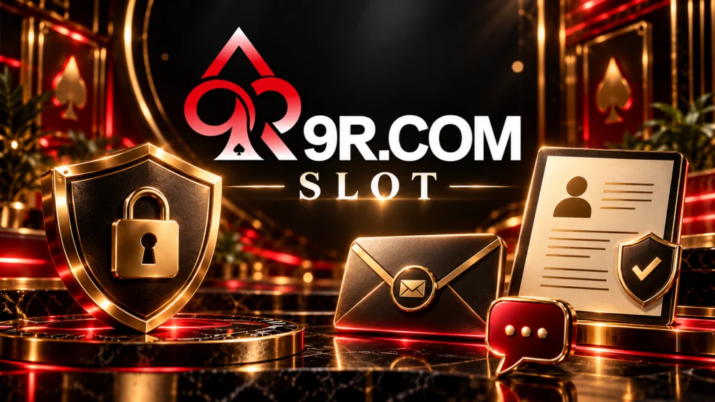 Ilustración del correo de 9R SLOT Perú con logotipo 9R.COM SLOT, sobre, ficha de contacto y lista de consultas editoriales.