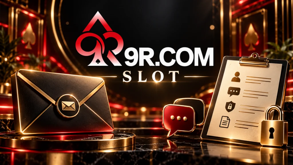 Ilustración del contacto 9R SLOT Perú con logotipo 9R.COM SLOT, sobre electrónico, formulario de consultas y candado de privacidad.