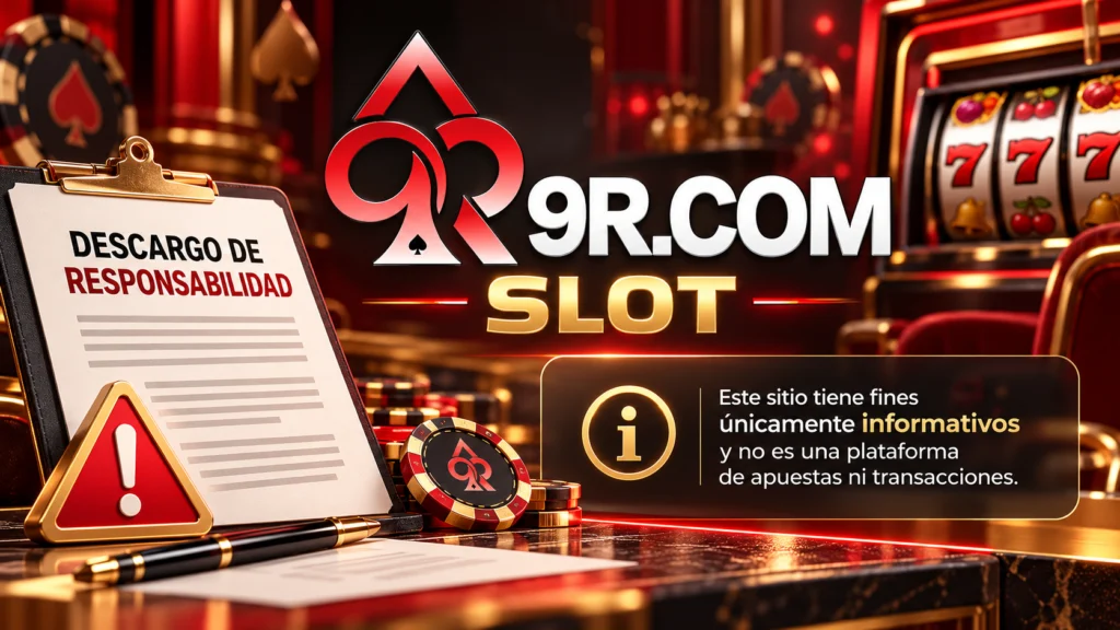 Ilustración del descargo de responsabilidad de 9R SLOT Perú con documento informativo, símbolo de advertencia, tragamonedas y logotipo 9R.COM SLOT.