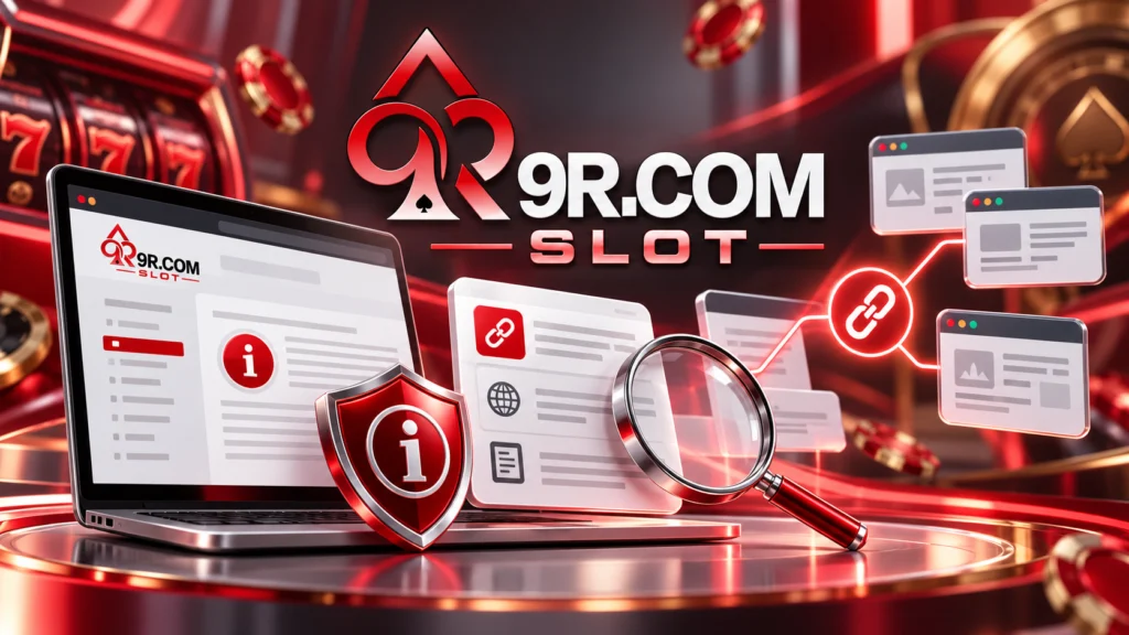 Ilustración del descargo de responsabilidad de 9R SLOT Perú sobre enlaces externos, con páginas web, símbolos de hipervínculos, lupa y logotipo 9R.COM SLOT.