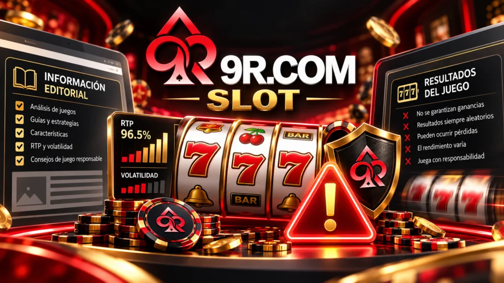 Ilustración del descargo de responsabilidad sobre tragamonedas con información de RTP, volatilidad, riesgos de pérdidas y logotipo 9R.COM SLOT.