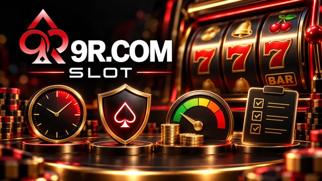 Ilustración de juego responsable con el logotipo 9R.COM SLOT, tragamonedas, reloj, escudo y símbolos de prevención de riesgos.
