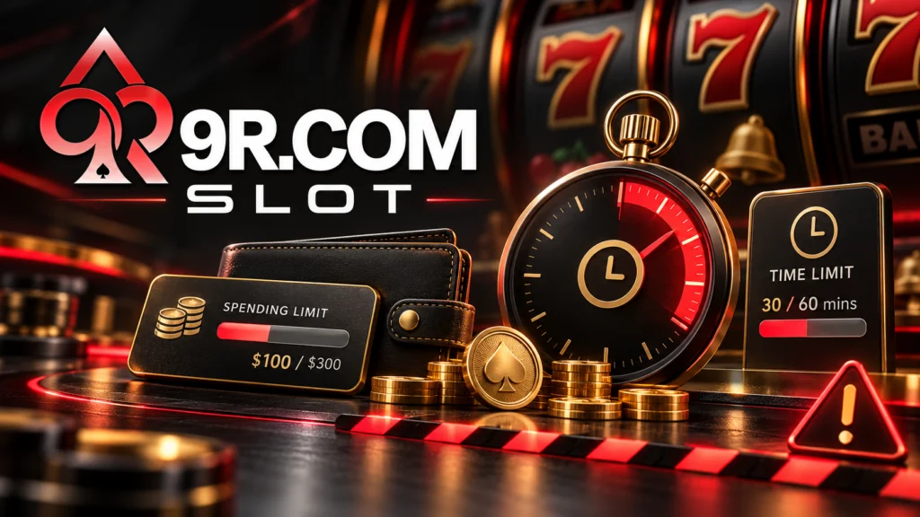 Ilustración de juego responsable con reloj, billetera, monedas y controles de límites de tiempo y dinero junto al logotipo 9R.COM SLOT.