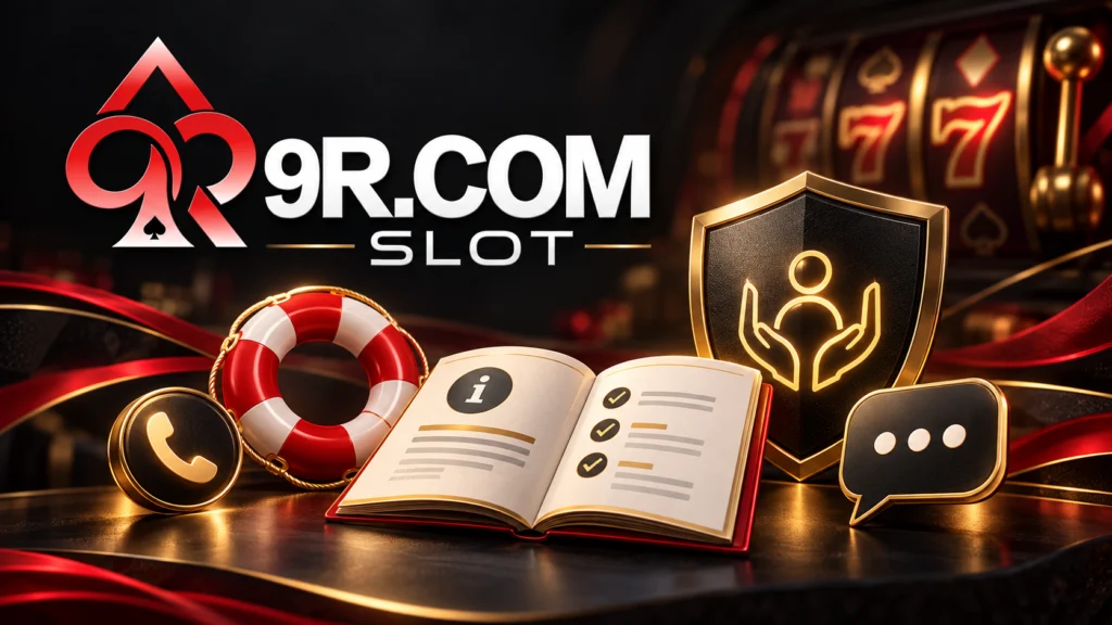 Ilustración de juego responsable en Perú con logotipo 9R.COM SLOT, salvavidas, guía informativa y símbolos de apoyo y orientación.
