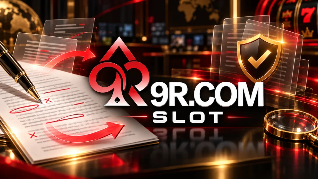 Ilustración de la política editorial de 9R SLOT Perú con documentos corregidos, flechas de revisión, bolígrafo y símbolo de transparencia.