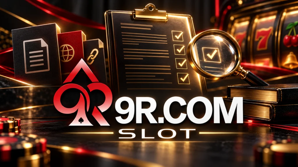Ilustración de la política editorial de 9R SLOT Perú con documentos, lista de verificación, lupa y logotipo 9R.COM SLOT.