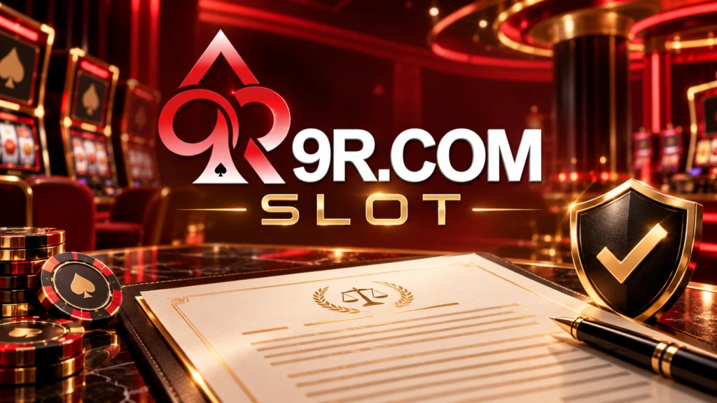 Ilustración de los términos y condiciones de 9R SLOT Perú con documento de uso del portal, escudo de protección y logotipo 9R.COM SLOT.
