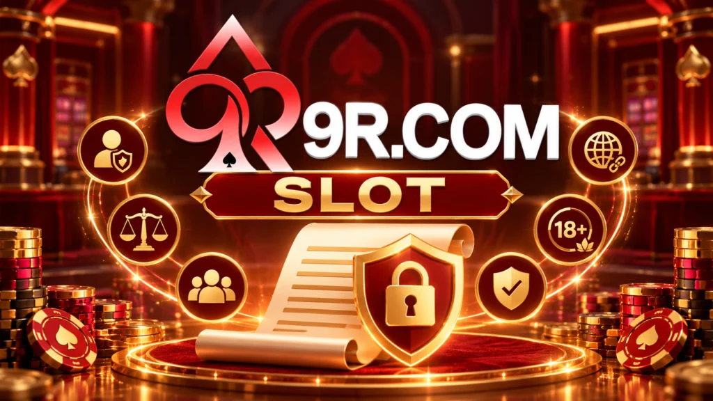 Ilustración de términos y condiciones sobre propiedad intelectual, con libros, documentos, balanza de justicia y logotipo 9R.COM SLOT.